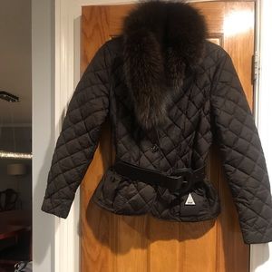 Moncler brown belted puffer jacket with fur collar